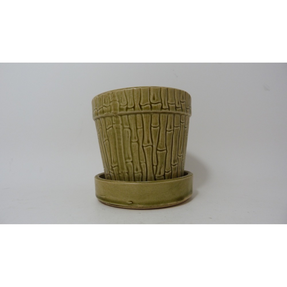 Vintage Japan Olive Green Faux Bamboo Ceramic Planter with Saucer Set
